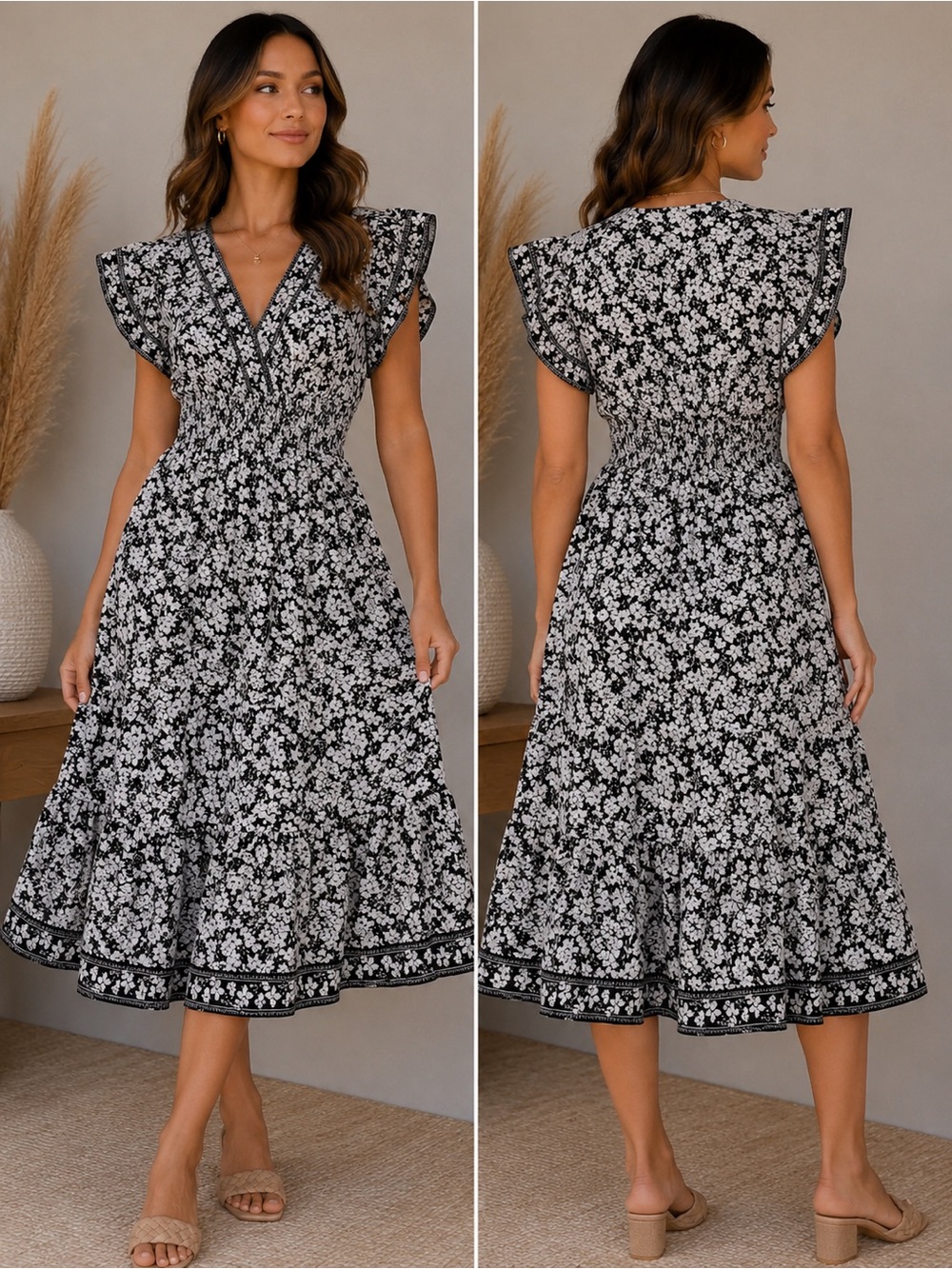 Max Studio Black White Floral Smocked Midi‎ Dress Size Small